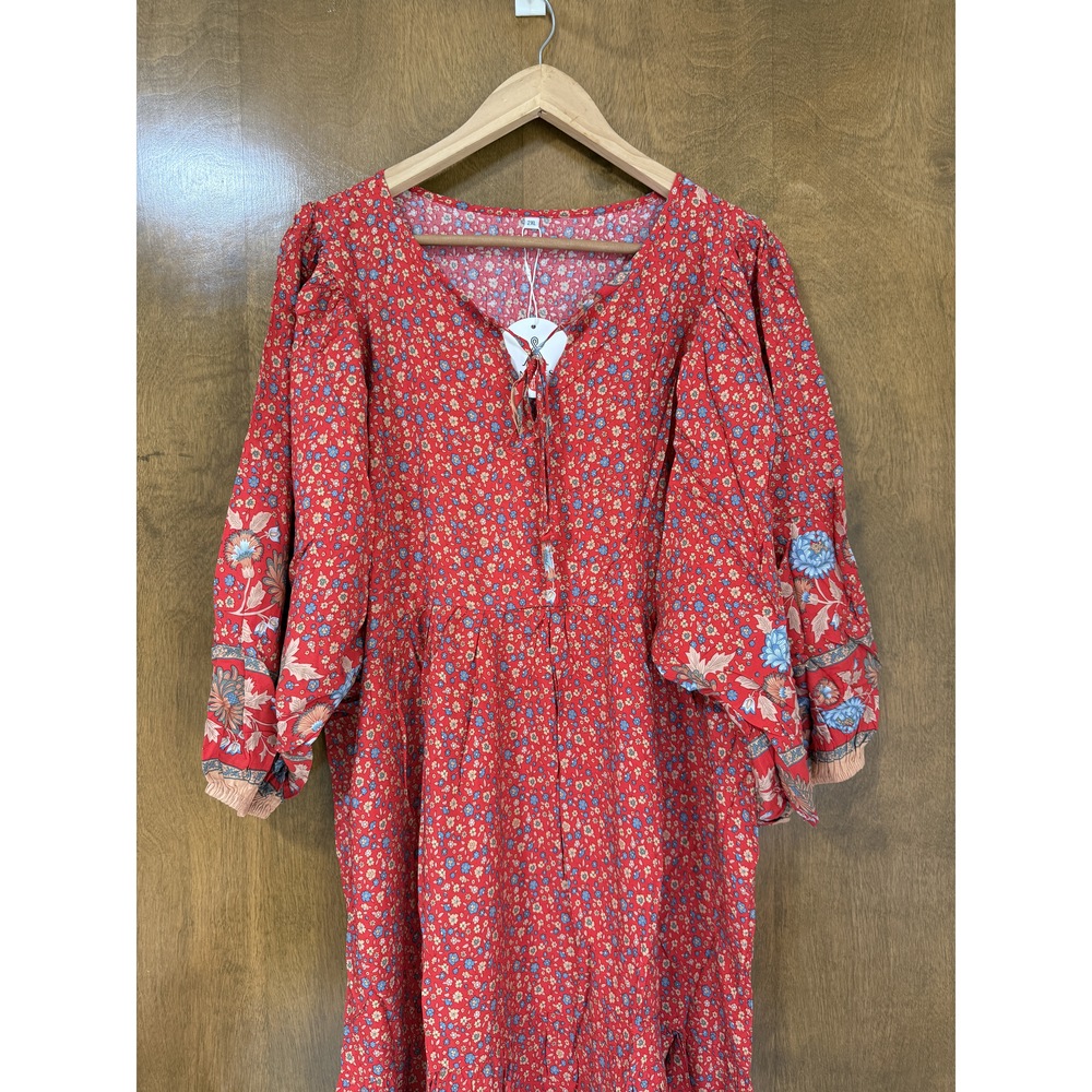 Red Floral Long Sleeve Button Front Maxi Dress 2XL - Picture 4 of 12